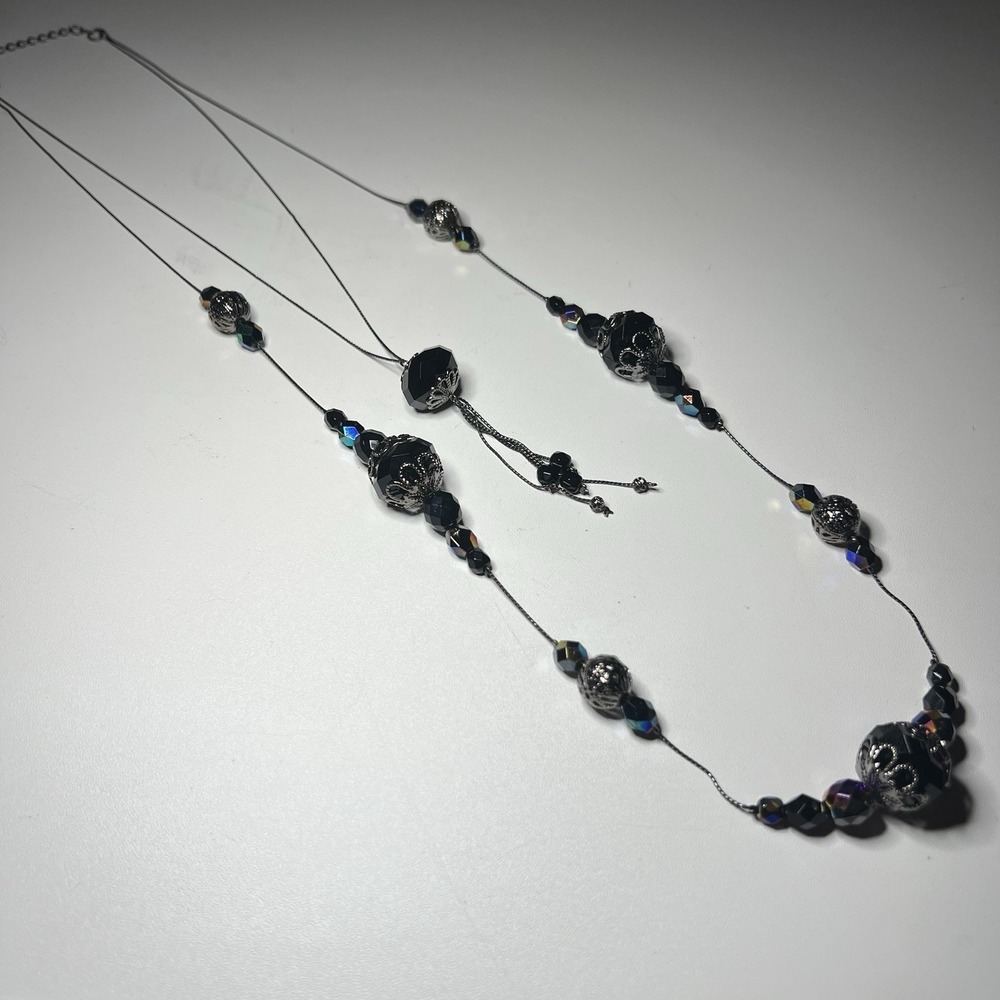 Vtg Double-Strand Beaded Necklace Black Faceted Beads Filigree Iridescent